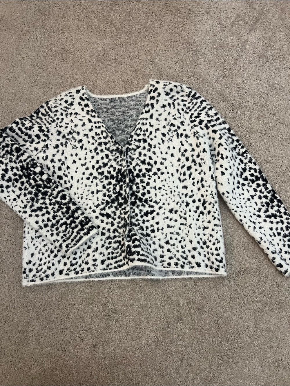 She + Sky White V-Neck Sweater with Black Speckle Print